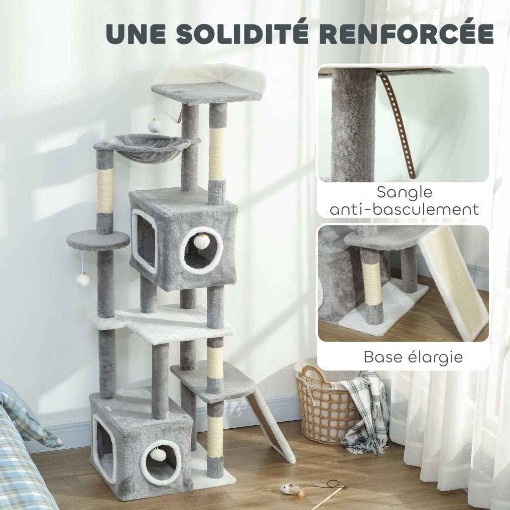 Arbre ¨¤ chat con 2 nicchie, piattaforme, amaca, scala e 4 pompon ¨C zephmum ¨C 165 cm grigio
