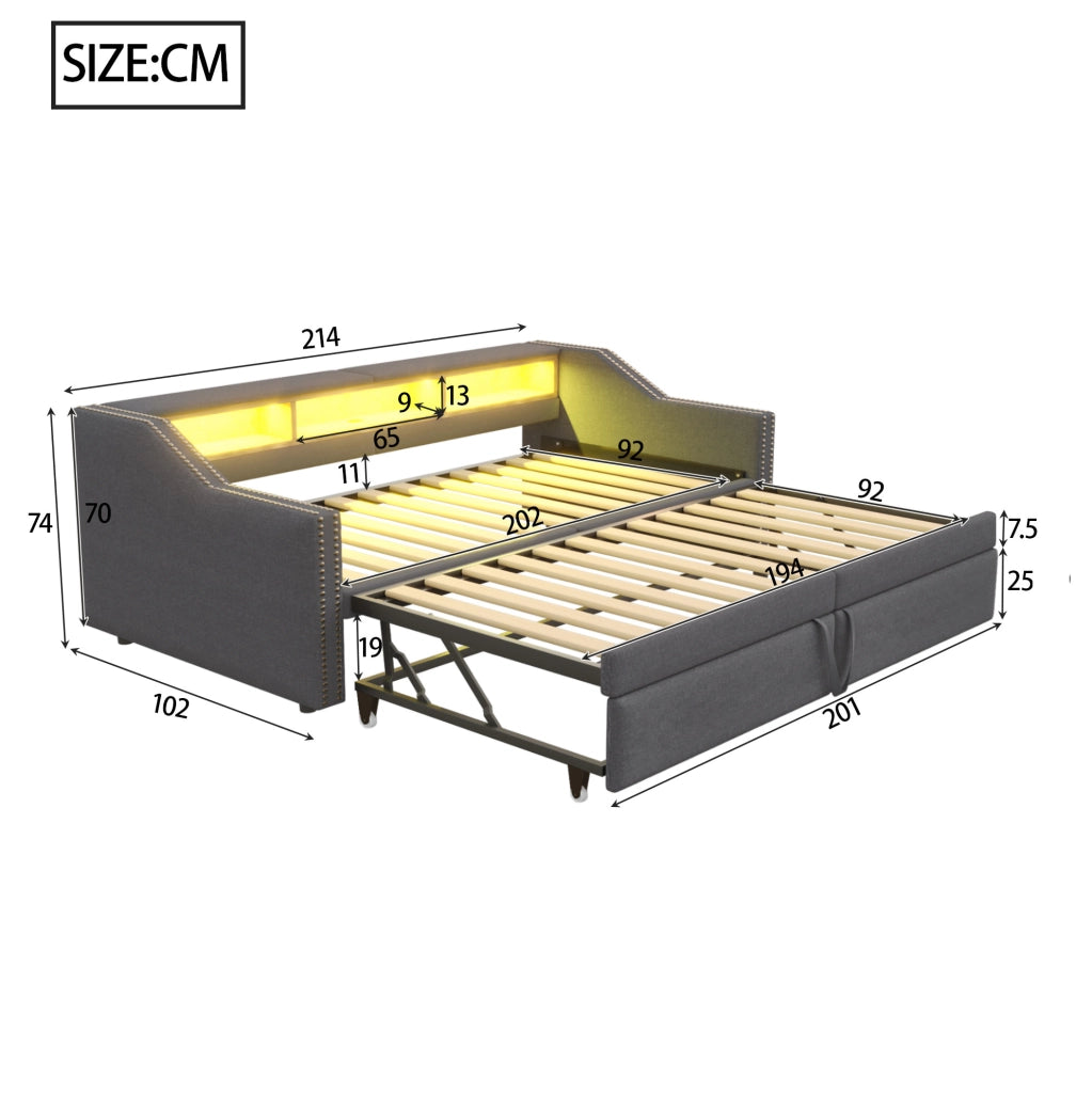 Divano letto estraibile 90/180x200 cm con LED, USB e vani laterali