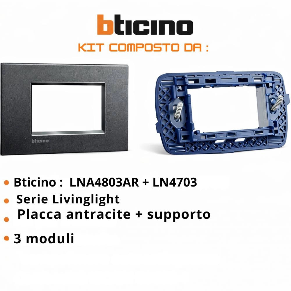 Bticino placca living light antracite completa supporto 3 posti tecnopolimero