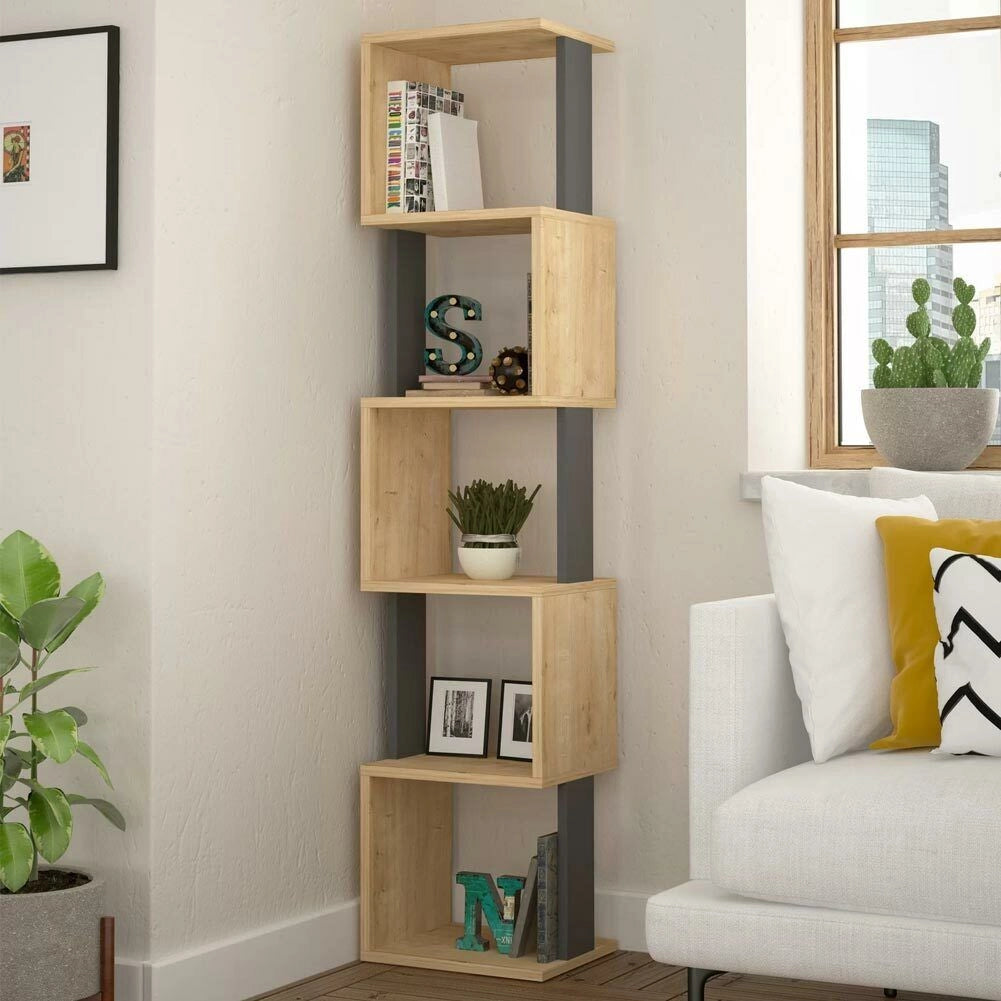 Libreria Design Moderna Scaffale Modulare 5 Ripiani 161x35x30cm Ufficio Oak Grey
