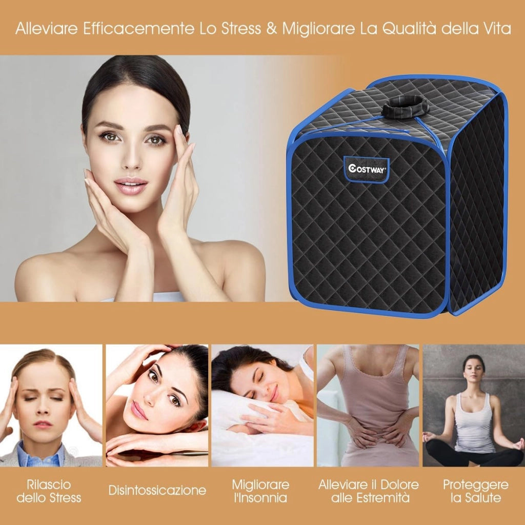 Sauna a Vapore Portatile con Telecomando, Cabina Sauna a Vapore Pieghevole con Sedia e 9 Livelli di Temperatura, Telaio in metallo (Nero)