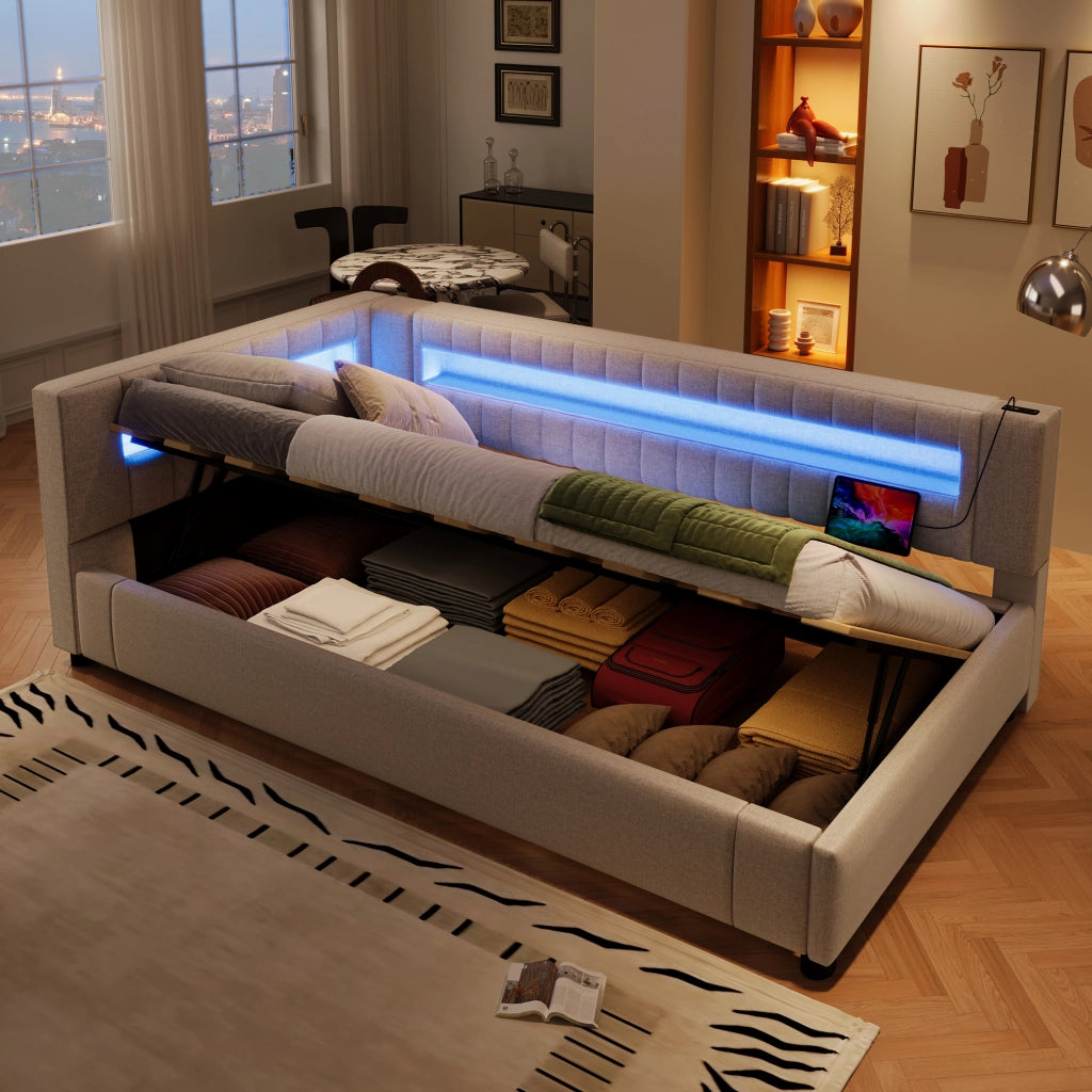 Daybed 90x200 cm in lino beige con LED, USB+TYPE-C e contenitore idraulico