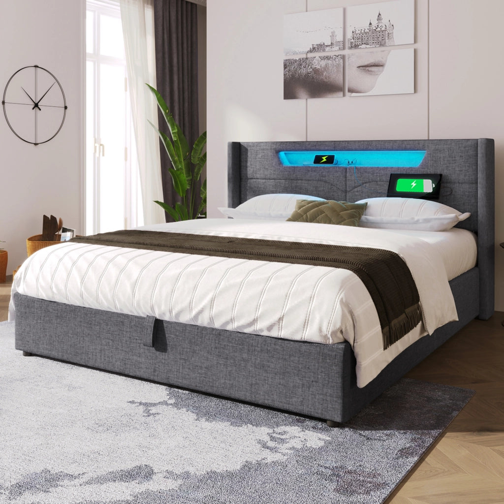 LETTO imbottito 140x200 cm in lino grigio con LED e USB, materasso incluso