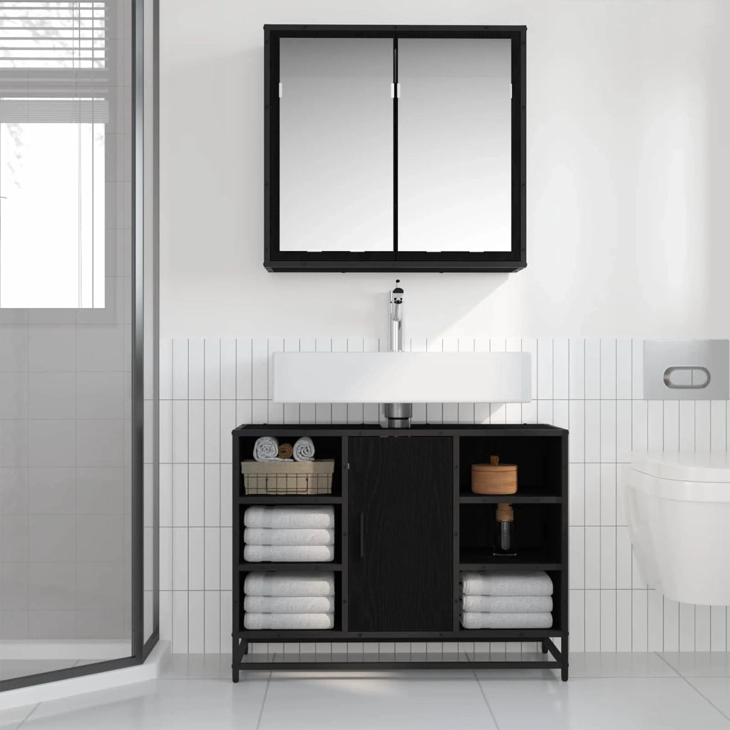 Set di mobili per il bagno 2 pcs Rovere Nero Legno multistrato