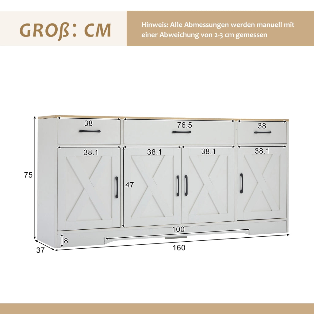 Credenza moderna bianca in MDF con 3 cassetti e 4 ante, 160 x 37 x 75 cm