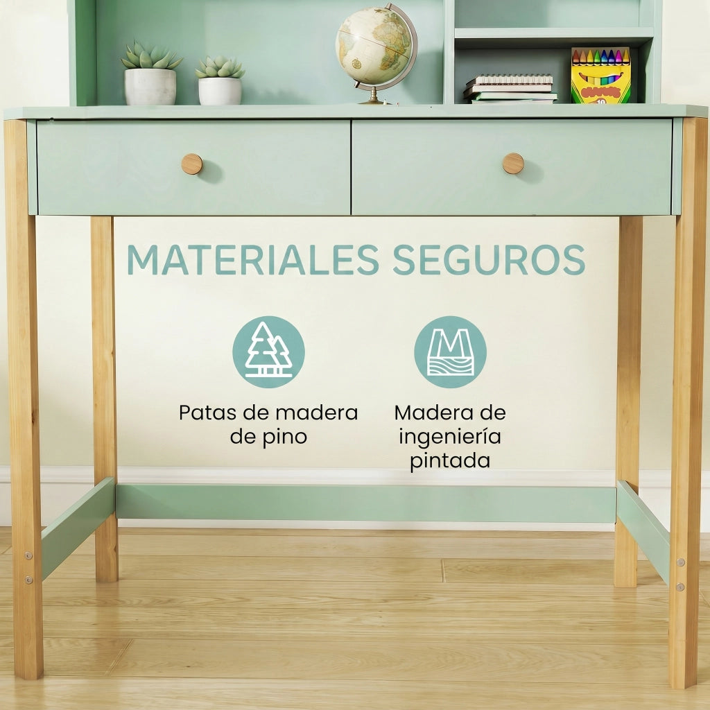 Scrivania per bambini con cassetti e scaffali ¨C zephmum ¨C Verde 90x52x105 cm