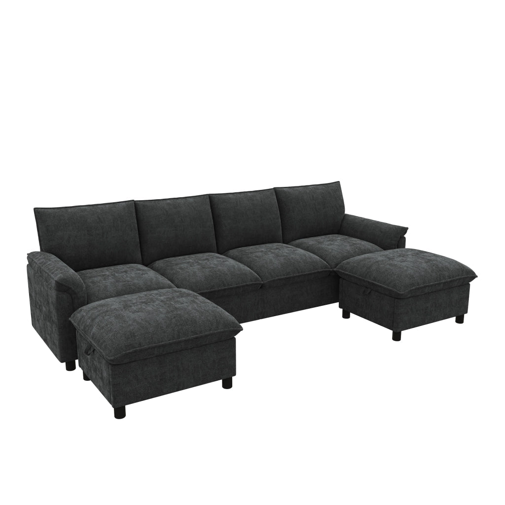 DIVANO modulare a U 264,5x142,5x84 cm in ciniglia nera con 2 pouf