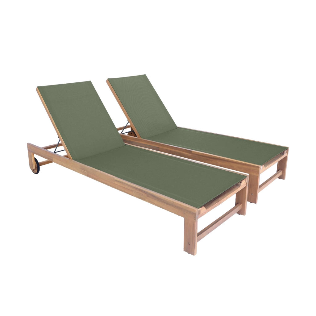 Set 2 lettini prendisole in legno multiposizione con ruote, verde kaki