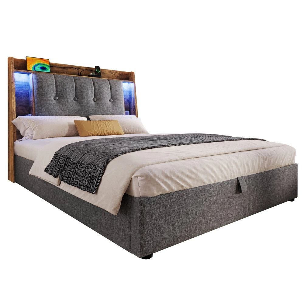 Letto Imbottito con LED e Contenitore ¨C MINIMAL ¨C Grigio, 90x200 cm