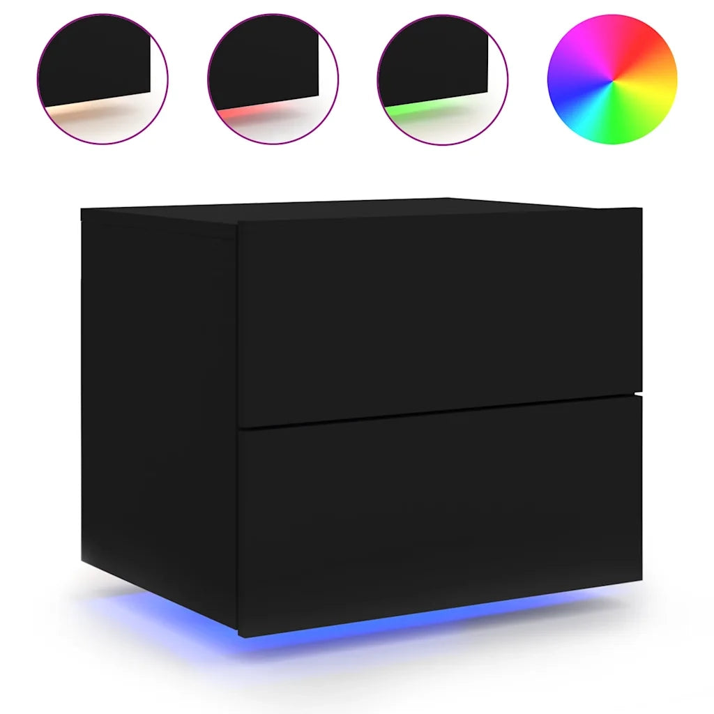 Comodino | Armadio da Notte | Mobiletto da notte a Parete con Luci LED Nero