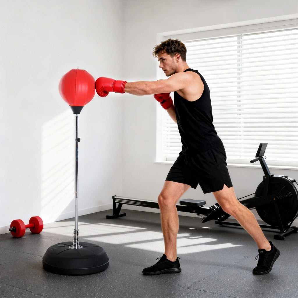 Sacco da Boxe Regolabile in Altezza con Base e Guanti ¨C Minimal ¨C Rosso e Nero 126-144 cm