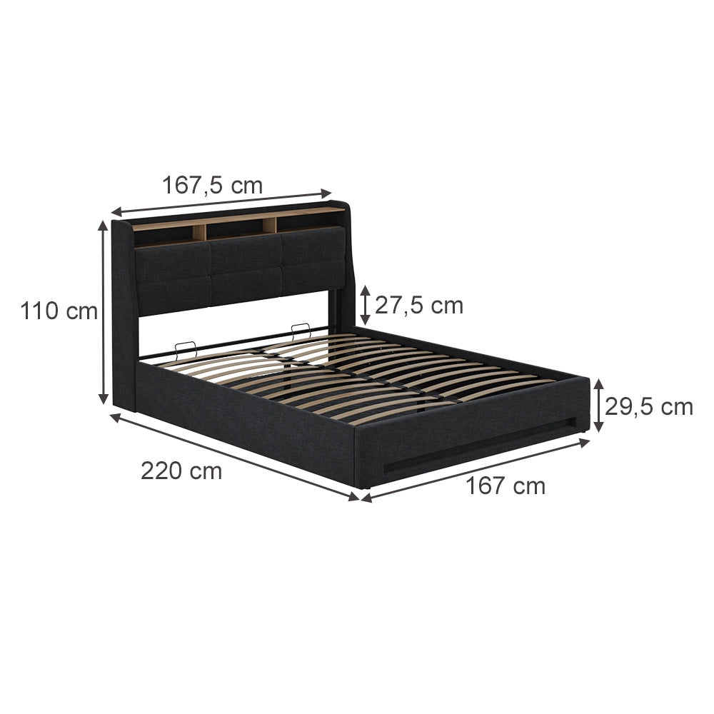 Vitalispa Letto imbottito Antracite/quercia 160x200 con LED e porta USB