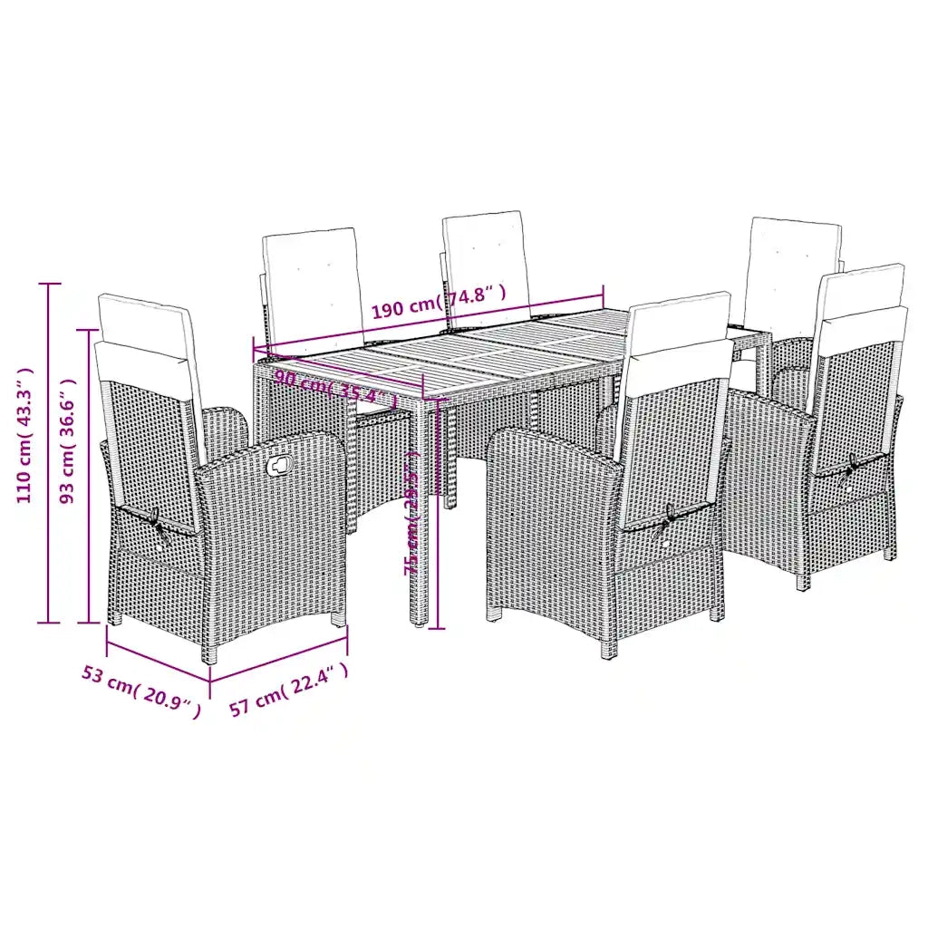 Set da Pranzo da Giardino 7 pz Nero con Cuscini in Polyrattan 3212227
