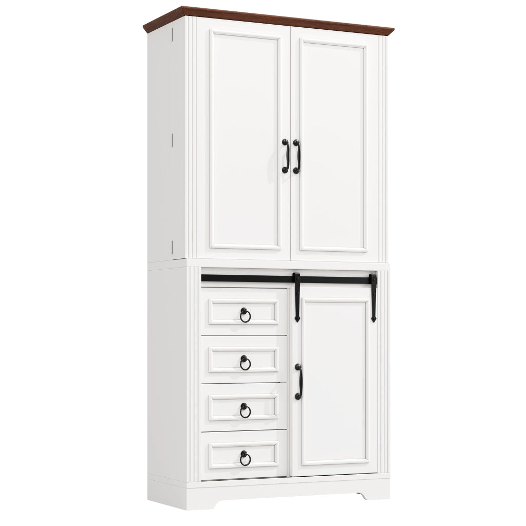 Colonna da cucina con 4 cassetti, ripiani regolabili e soft-close, mensola laterale, per cucina, bianco, 80 × 39,8 × 180 cm