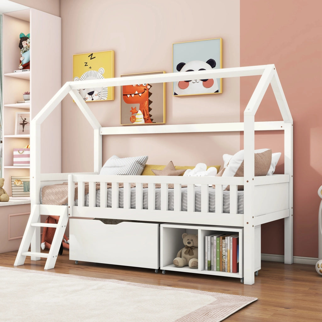 Letto a casetta per bambini 90x200 cm con cassetti, scala laterale e sponde di sicurezza, bianco