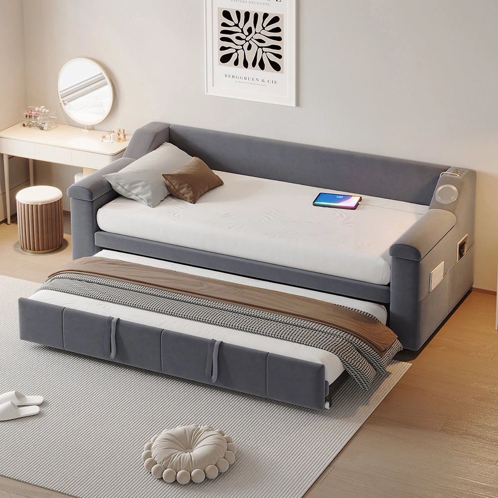 Divano letto - Xylo - 90x190 cm Bluetooth USB velluto grigio