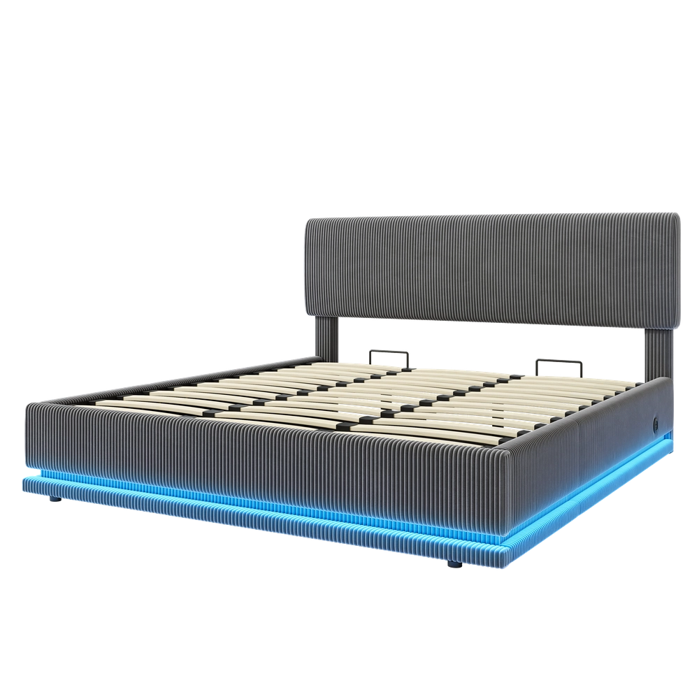 Letto Imbottito Contenitore con LED e Testiera Regolabile ¨C MINIMAL ¨C Velluto Grigio 180x200