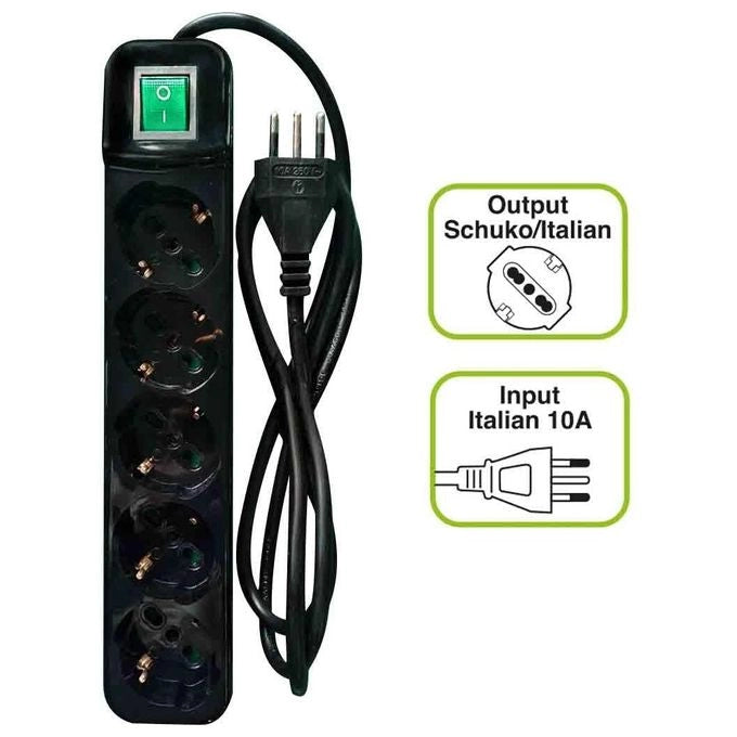 Tecnoware FMP5IIG Power Cleaner 5 Multipresa Ciabatta Elettrica 5 Uscite Schuko Italia 10A 16A Interruttore Luminoso Child Protection Cavo 150 cm colore Nero