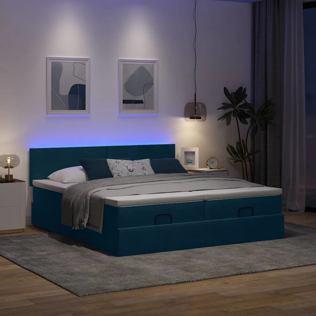 Pouf Letto con Materassi e LED Blu Scuro 200x200cm Velluto