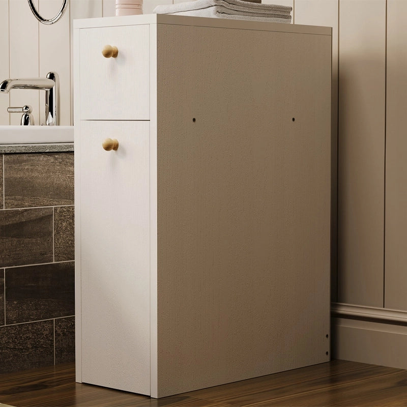 Mobiletto da bagno stretto con colonna, ripiano bianco e cassetti, design moderno