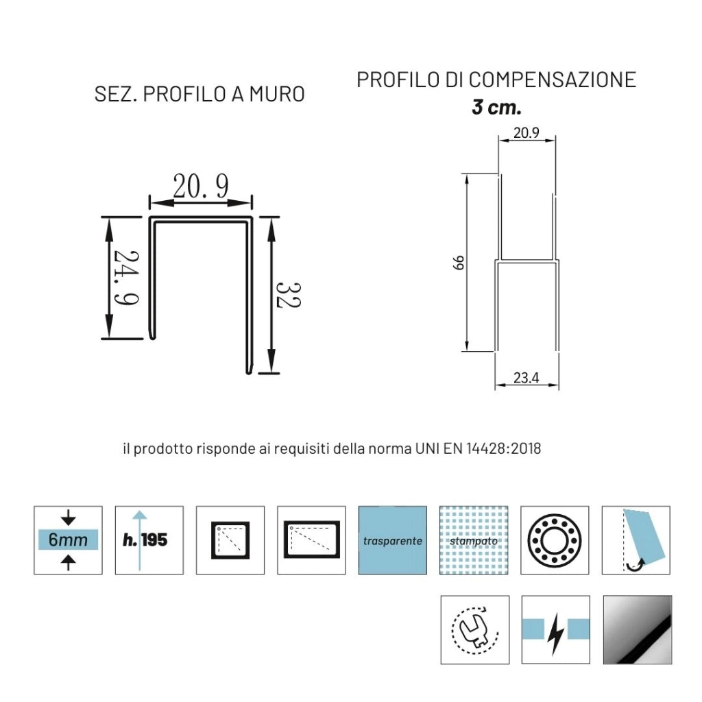 Lato porta box doccia angolare nicchia dafne cristallo 6 mm 70 cm stampato