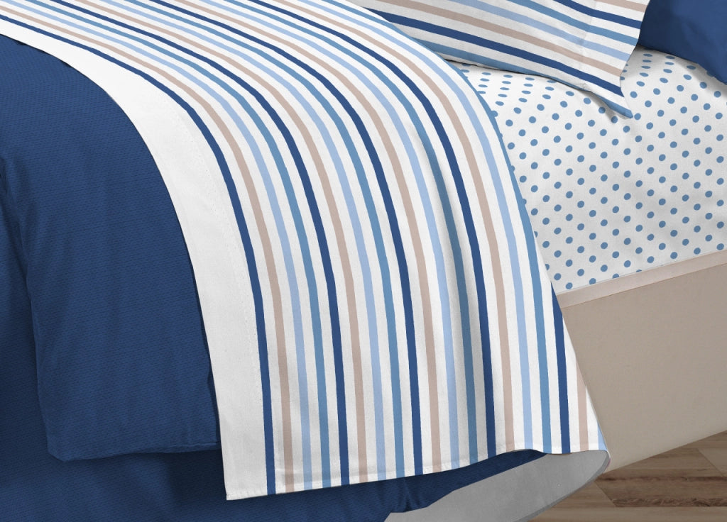 Completo Lenzuola Letto 100% Cotone Italy 3027 Disegno Riga Dots - Piazza E Mezza - Blu