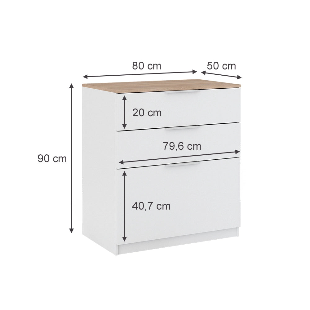 Vicco Cassettiera per camera da letto Bianco/Sonoma 50 x 90 cm con 3 cassetti