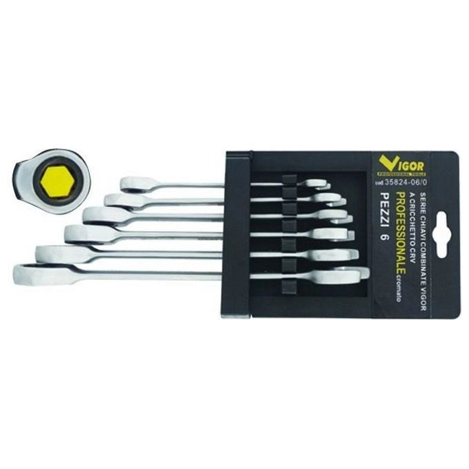 Vigor 35824-06 Serie 6 Chiavi Combinate a Cricchetto 6 Pezzi 72 Denti Testa Poligonale CRV colore Nero