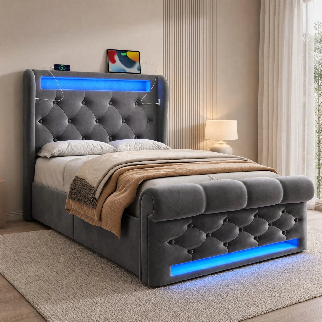 LETTO imbottito contenitore 90x200 cm velluto grigio con LED e USB + Type-C