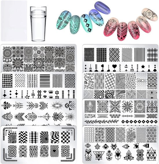 Kit di Stampa per Arte dei Capelli - 8 Tavole di Stampa con Stampatore/Scraping - Fiori/Linee/Pattern Geometrici - Modelli per Capelli - Disegni Creativi - Adatto per Salone - Set di Stampa per Capelli