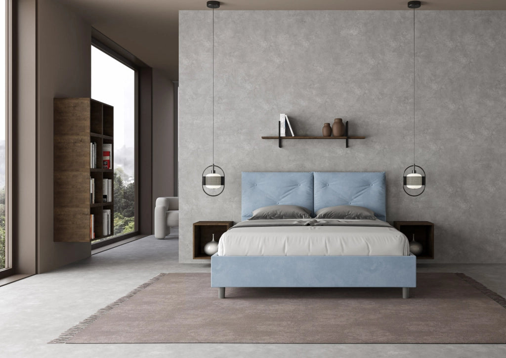 BS COM Letto matrimoniale con rete imbottito 160x200 microfibra azzurro