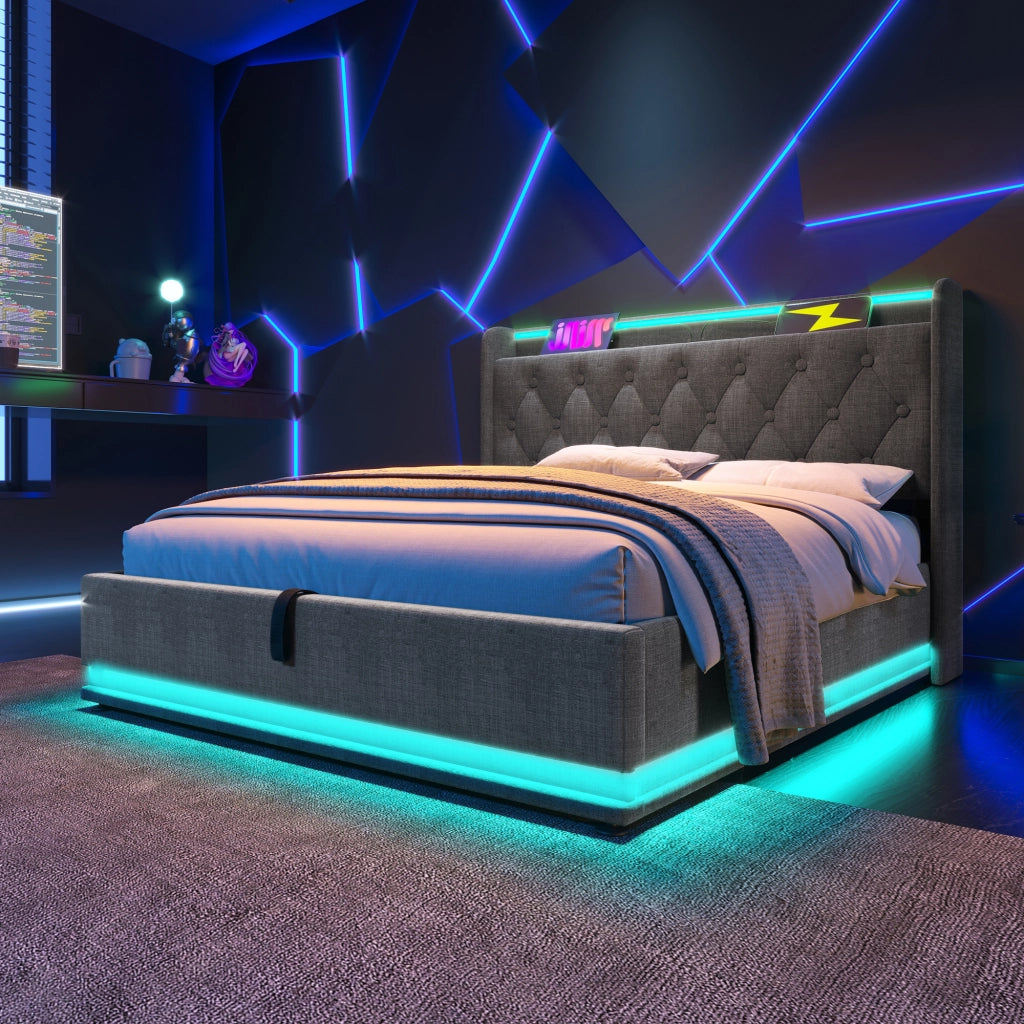 LETTO Contenitore 180x200 cm in lino grigio con LED, USB e Tipo C