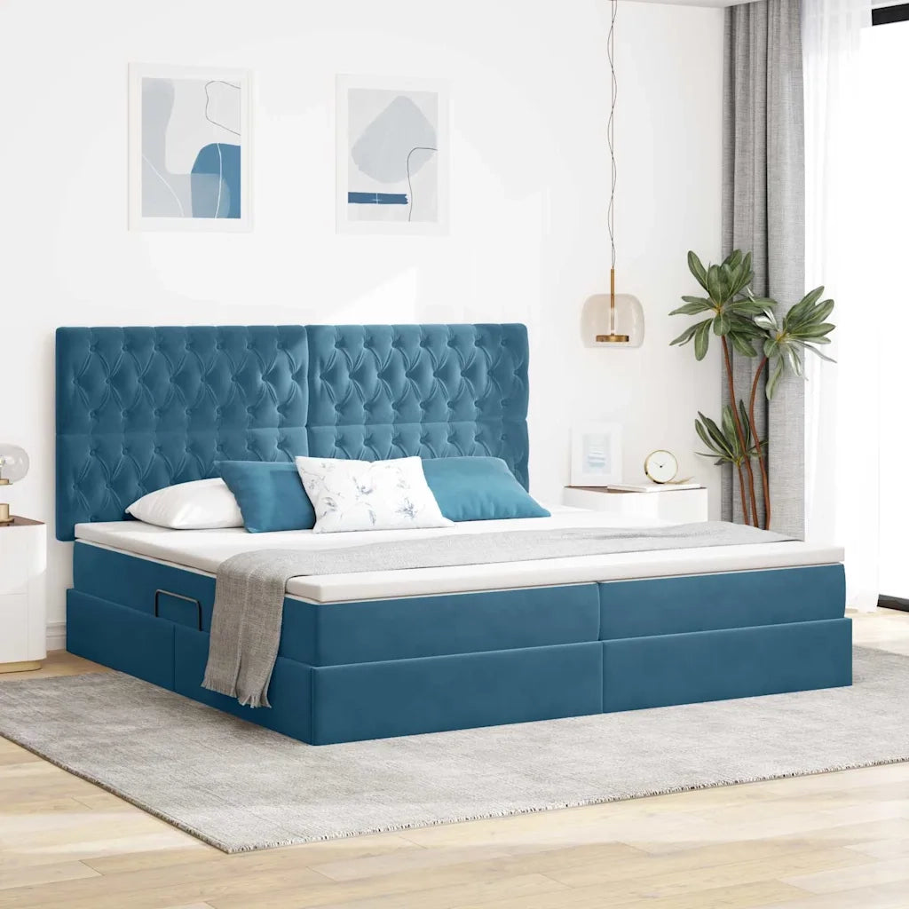 Letto con contenitore e LED Blu Scuro 200 x 200 cm Velluto