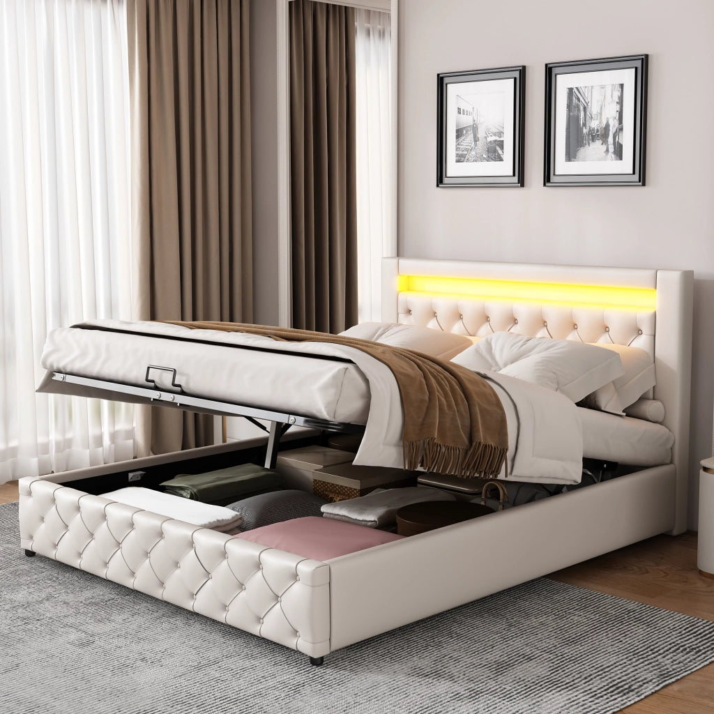 Letto imbottito 160 x 200 cm con rete a doghe, contenitore e LED, bianco, PU