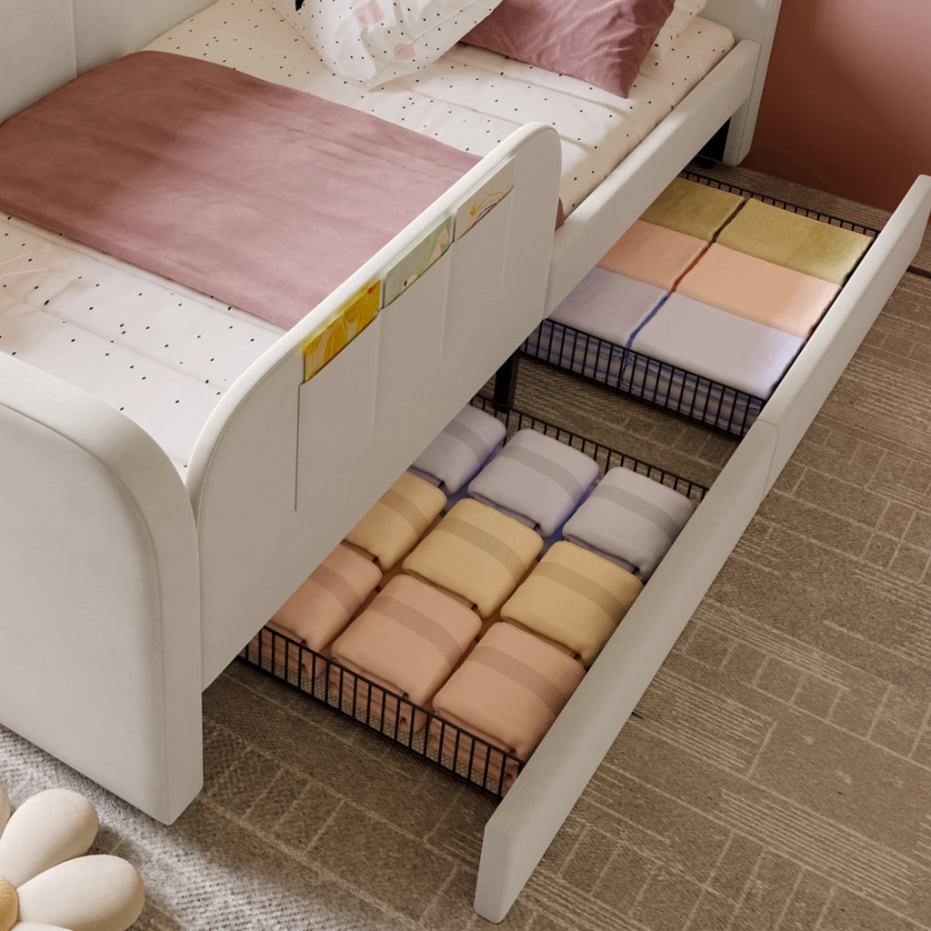 LETTO Singolo 90x200 cm Velluto Bianco con 2 cassetti e tasche laterali