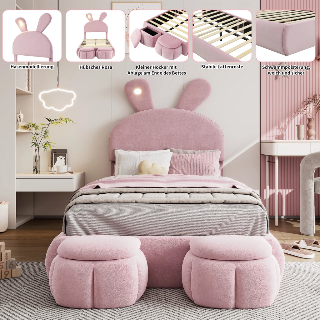 LETTO Singolo 90x200 cm in Velluto Rosa con LED e 2 pouf contenitore