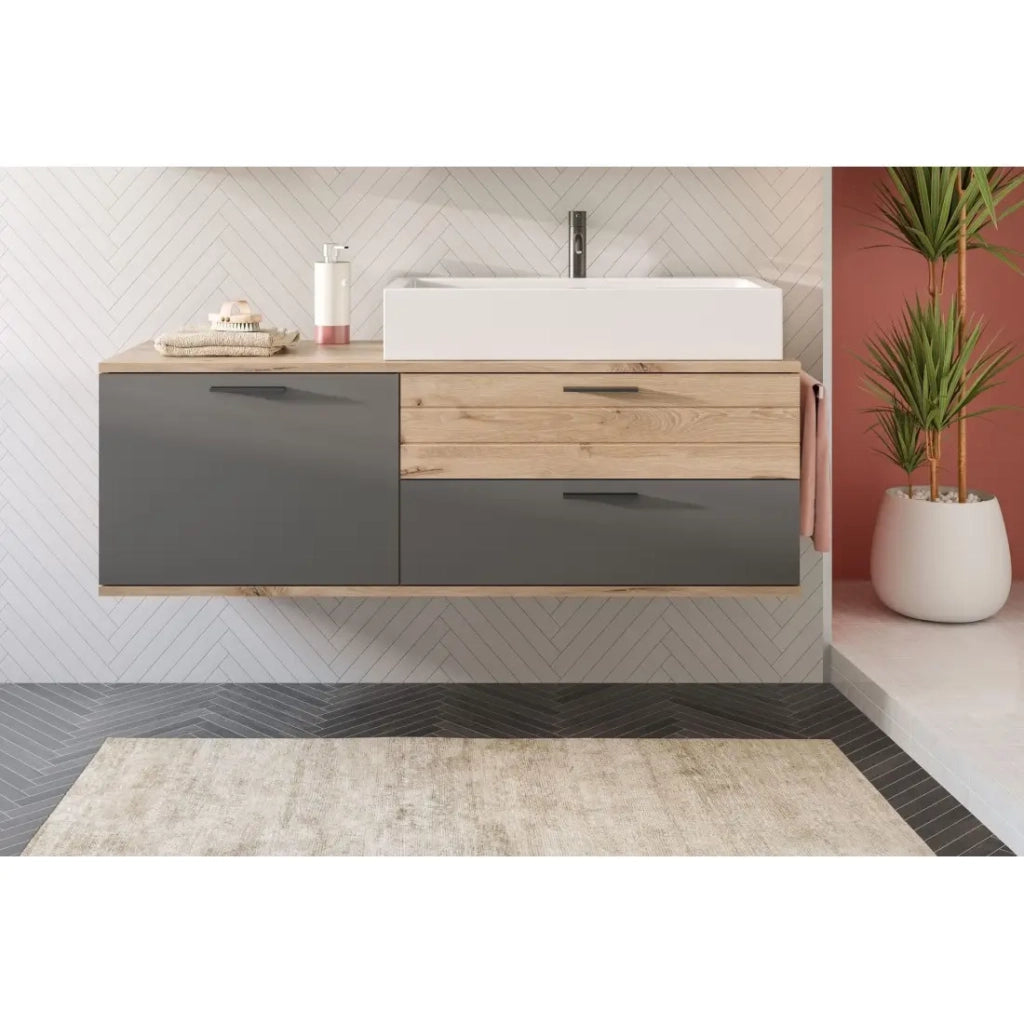 Mobile sotto lavabo 1 porta e 2 cassetti – Grigio antracite e rovere chiaro – SELMA
