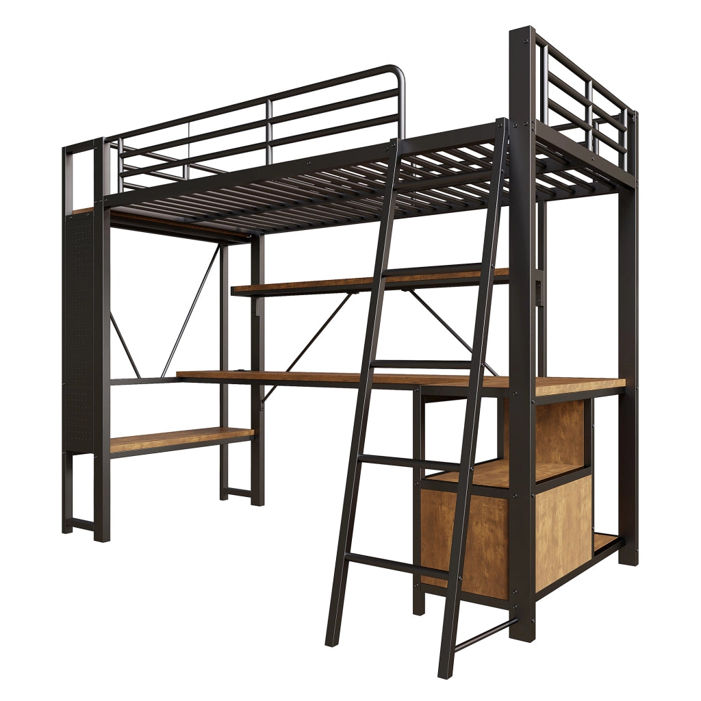 Letto a Soppalco con Scrivania e LED ¨C MINIMAL ¨C Nero 90x200 cm