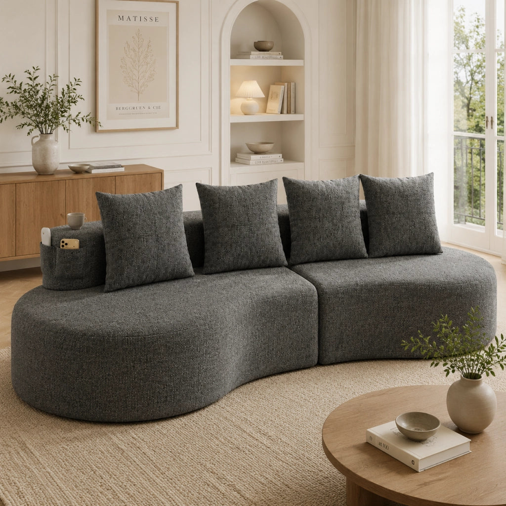 DIVANO 240x109x60 cm in lino grigio scuro con 4 cuscini