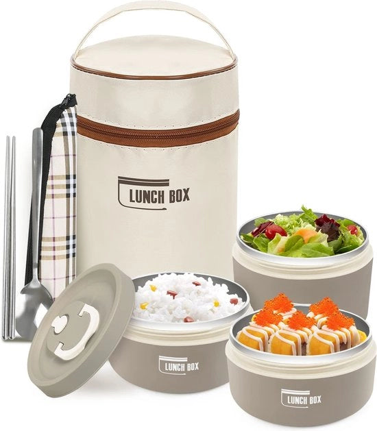 Lunchbox con contenitore, contenitore per cibi con utensili da cucina, cassetta termica in acciaio inossidabile 304, resistente a microonde e congelatore (3 lunchbox, marrone)