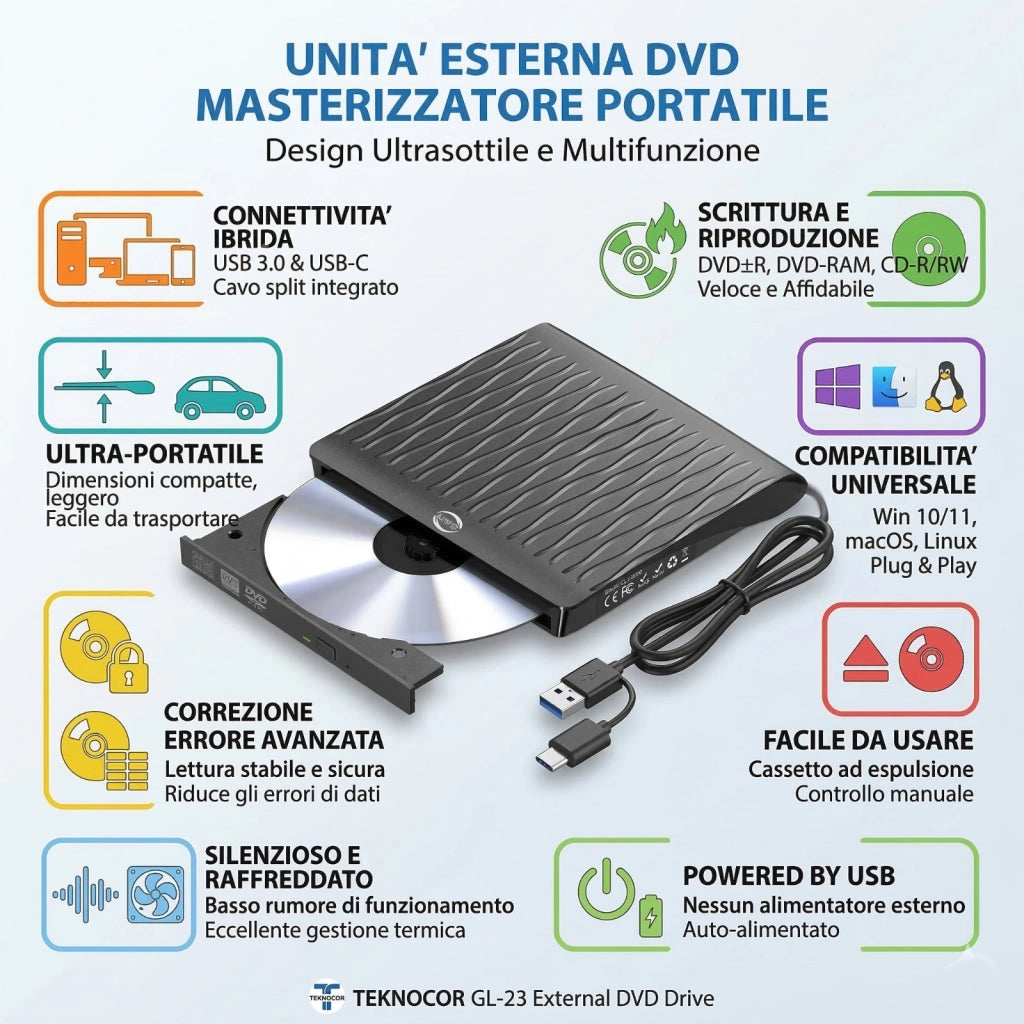MASTERIZZATORE PER CD DVD DA ESTERNO USB PORTATILE ULTRASOTTILE PER PC AS-08132