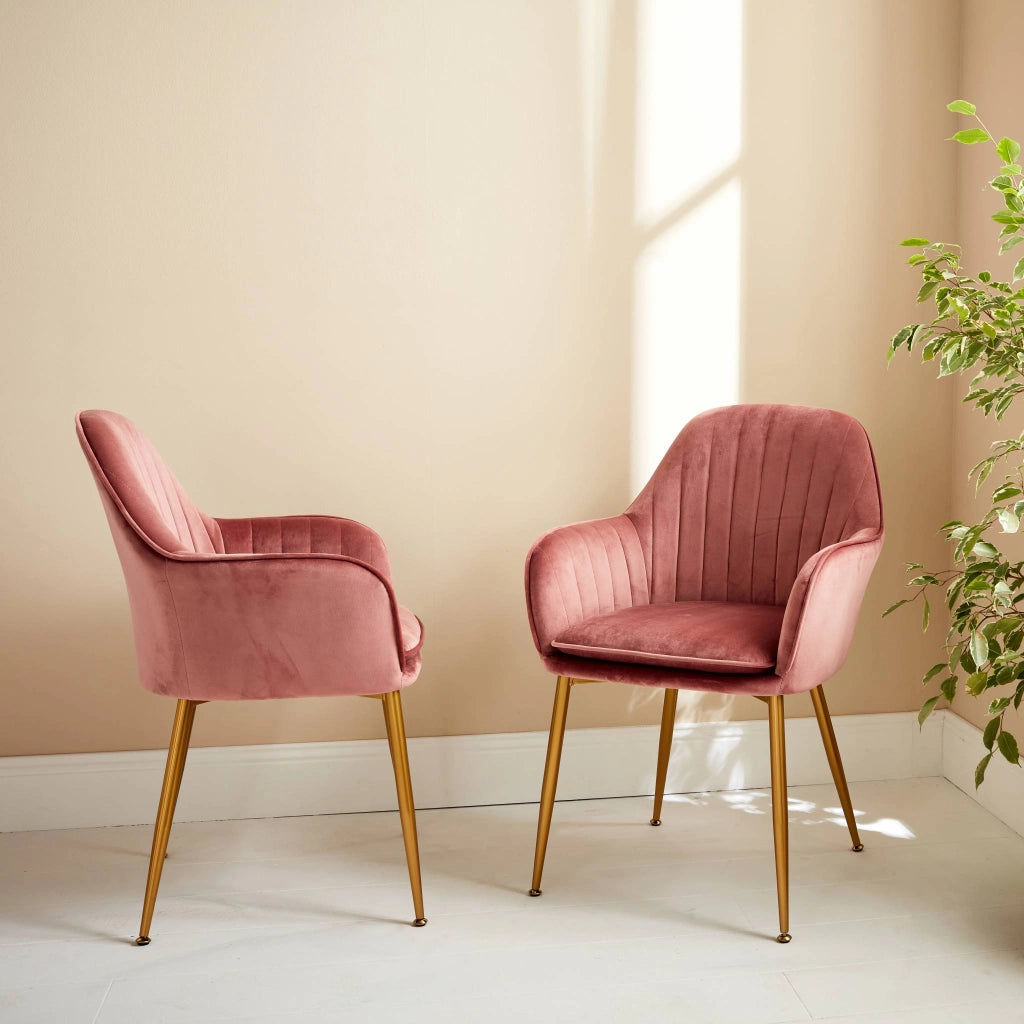 Set 2 poltrone in velluto con gambe in metallo, rosa antico