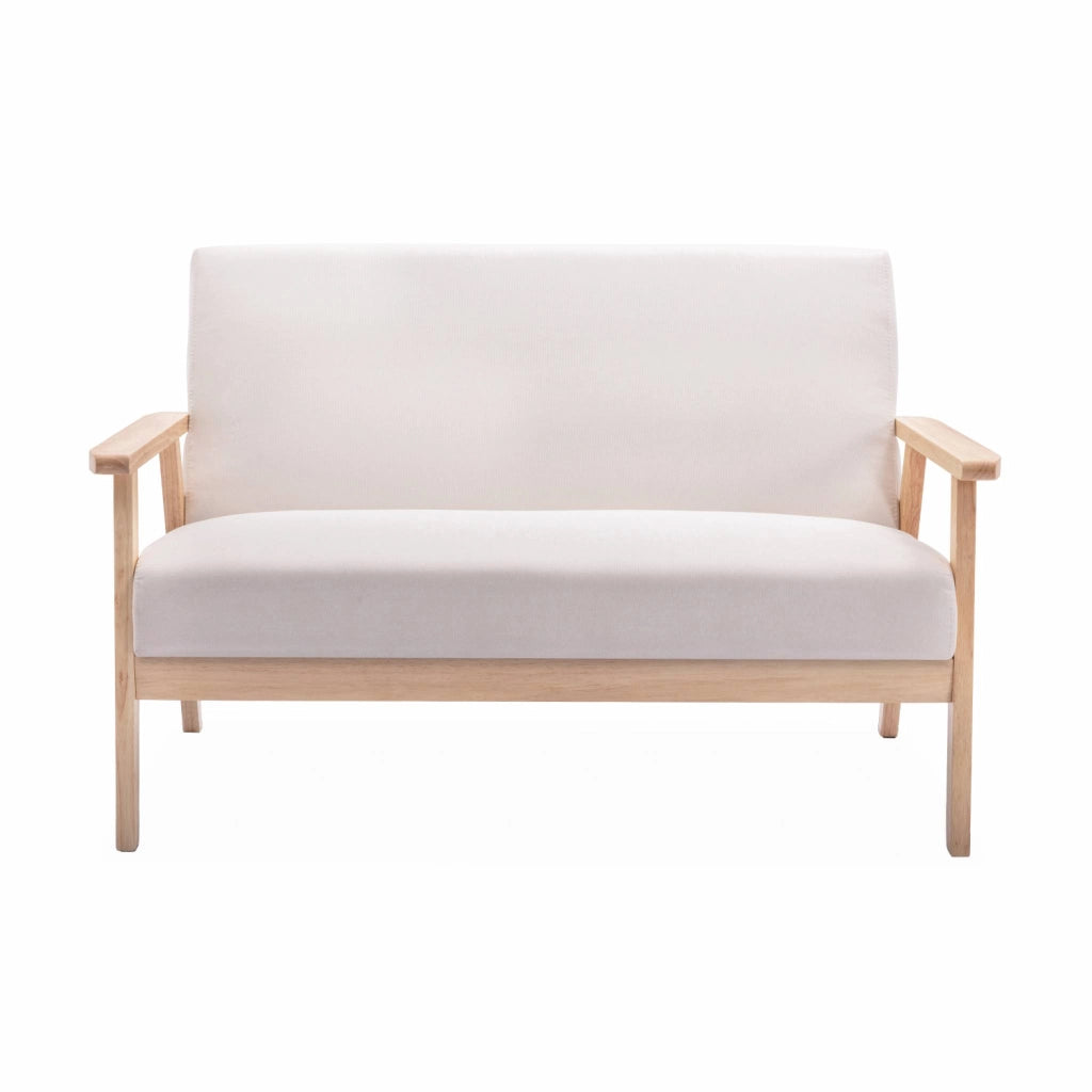 Set panca e poltrona in legno e tessuto, 3 posti, beige