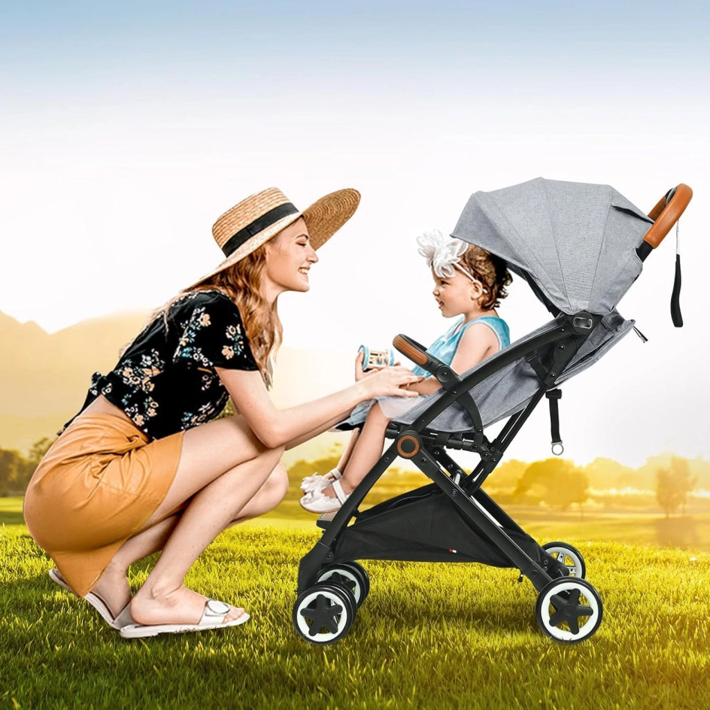 Passeggino Pighevole per Bmabini, Passeggino con Schienale e Poggiapiedi Regolabili, Passeggino Leggero Portata 15 kg, con Cappottina e Zanzariera, per Bambini 0-3 Anni (Grigio)