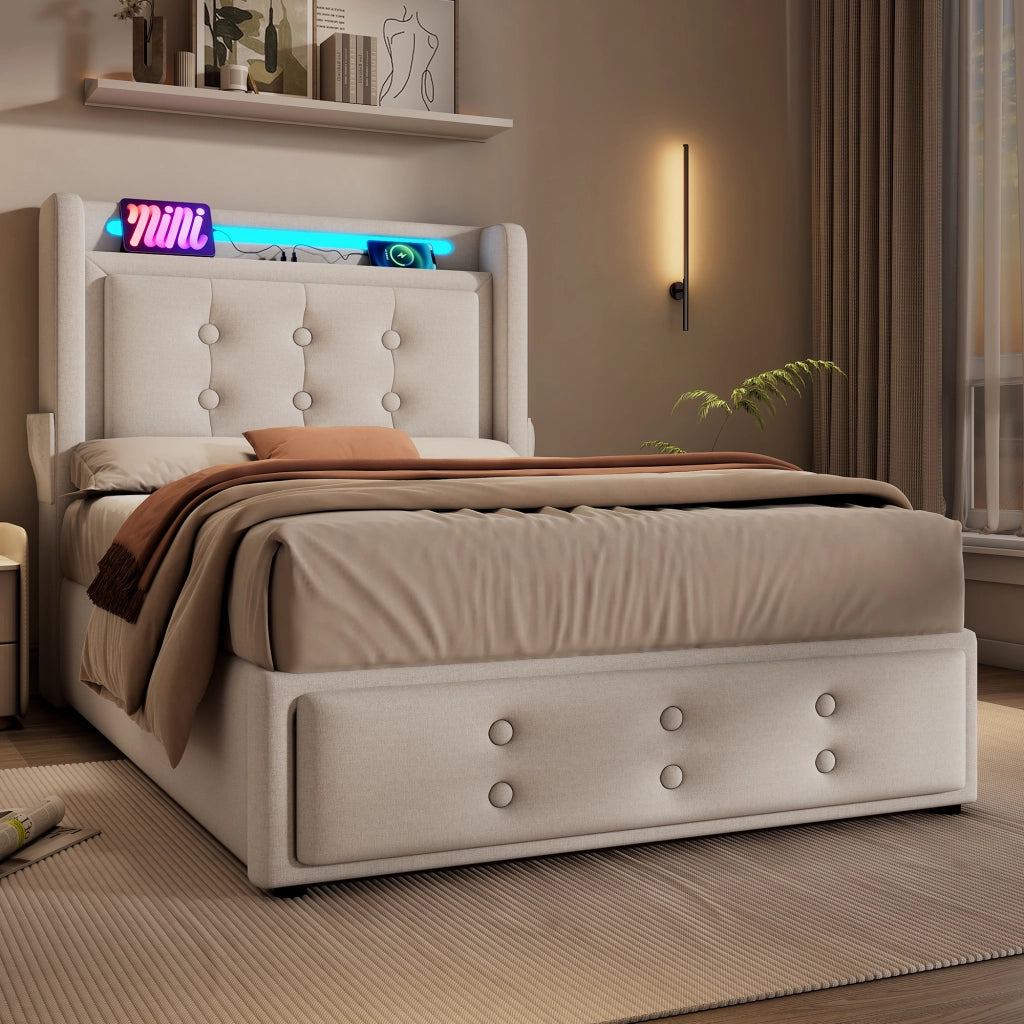 LETTO 90x200 cm Beige in cotone-lino con LED, prese, USB e Type C