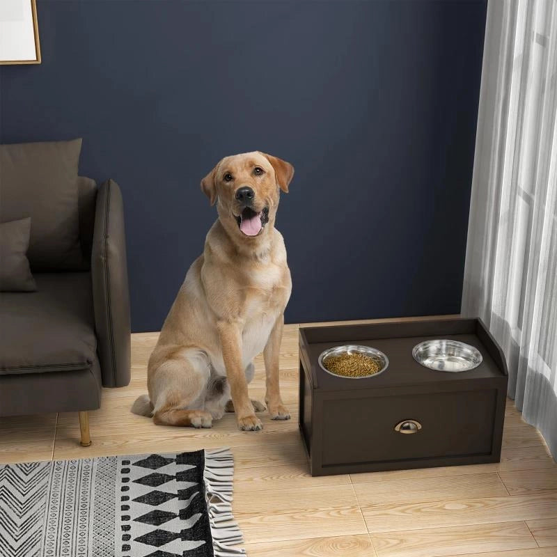 CIOTOLE PER CANI RIALZATE IN ACCIAIO INOX E LEGNO CON CASSETTO, 60X30X36CM, MARRONE