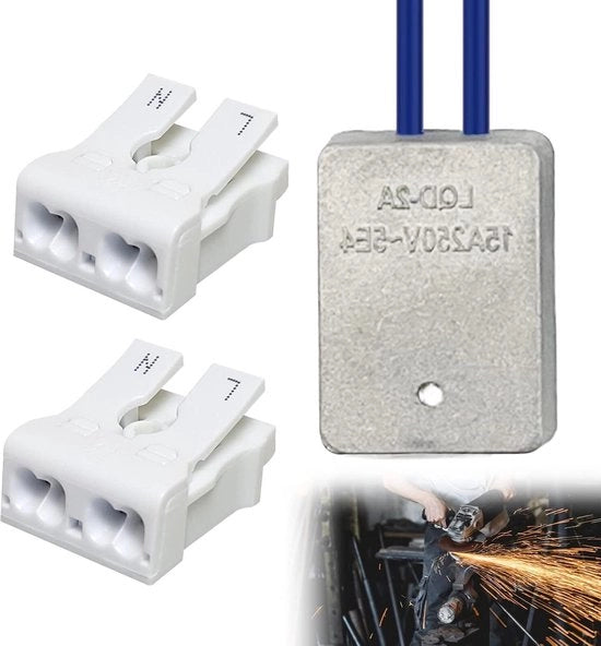 Modulo di avvio soft 15A 230V con due blocchi di fissaggio rapido e resistenza di avvio per sega circolare.