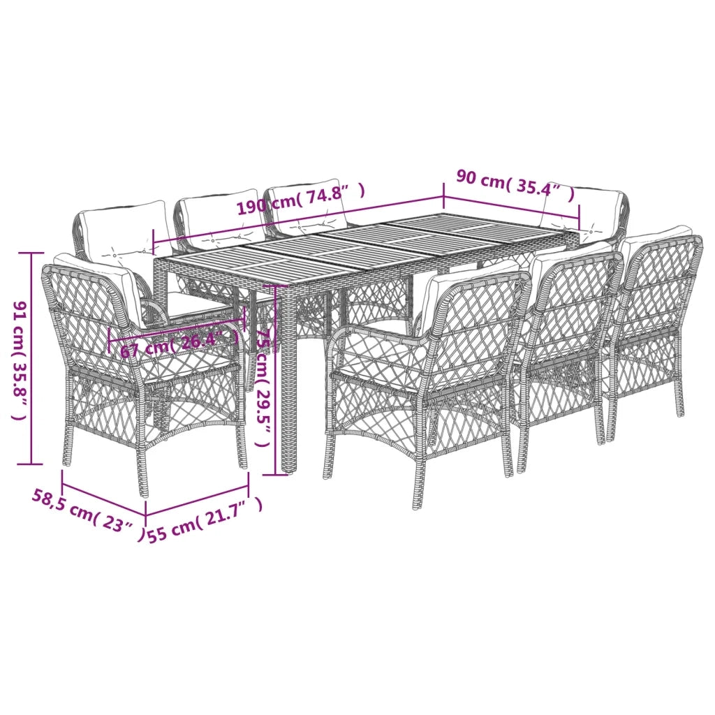 Set da Pranzo da Giardino 9 pz con Cuscini Nero in Polyrattan 3212047
