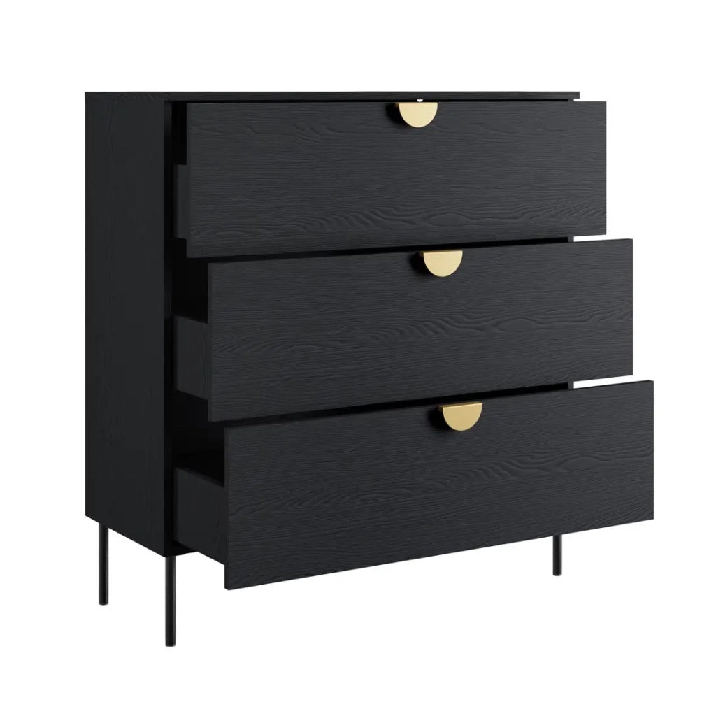 Camera completa MONDO – Nero strutturato e dorato – Letto 180x200 con doghe + Armadio + Cassettiera + 2 comodini