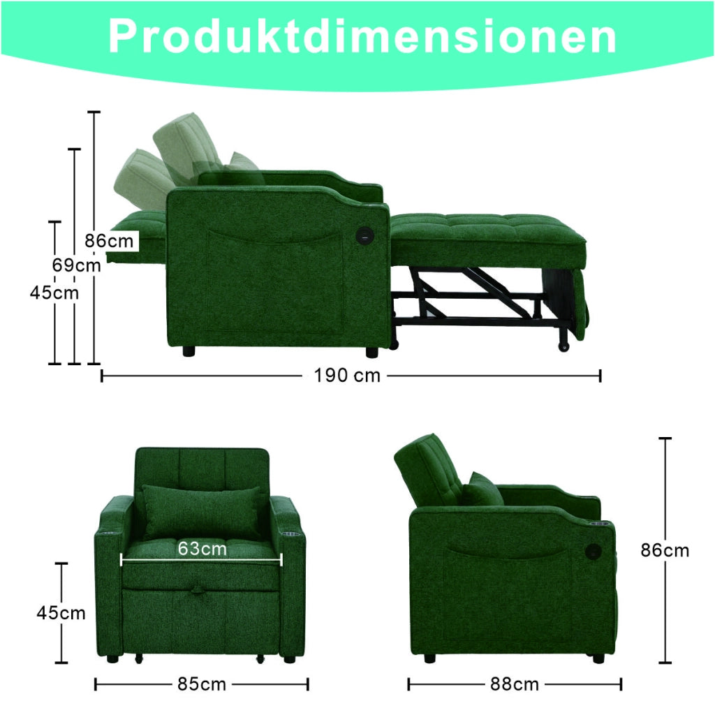 Divano Letto 3 in 1 con USB ¨C Xylo ¨C Verde, Trasformabile